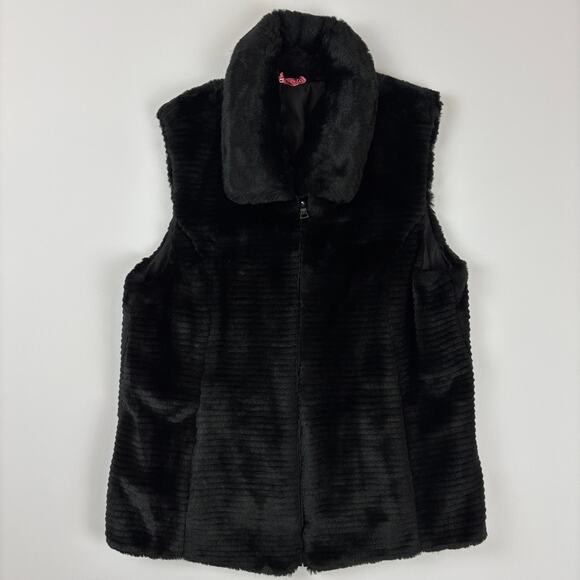 Liz Claiborne Petite M Black Ribbed Faux Fur Full Zip Reversible Vest Pockets - Picture 1 of 10